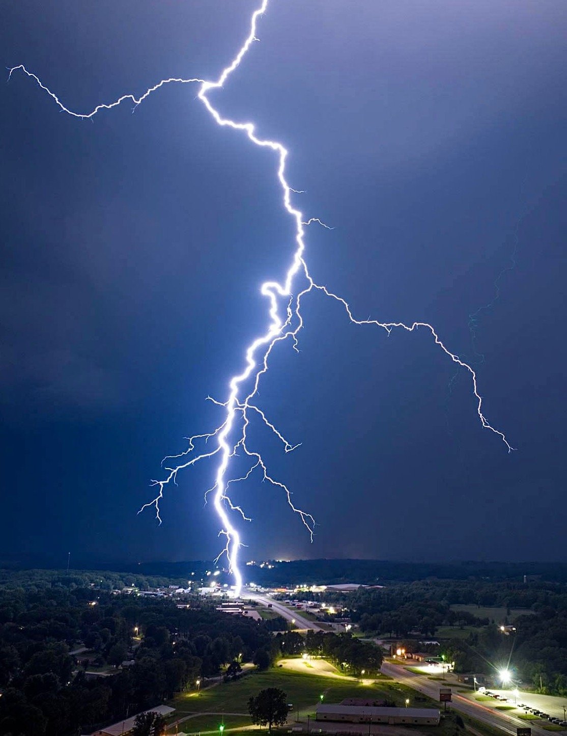 Damon Platt of Tulsa, Okla., had been visiting relatives in West Plains Saturday evening and was headed back to Oklahoma when storms blew into Howell County, bringing heavy lightning and rain. This photo was taken with a Mavick 3 drone Platt takes with him while traveling, and captures a lightning strike that appears to have hit a parking lot off of north U.S. 63 across from the Ozark Regional Stockyards. For more of Platt’s photography, including other weather photos, visit his Damon’s Droneography Facebook page at www.facebook.com/damonsdrone.