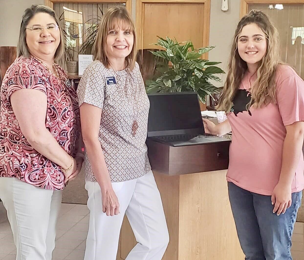 The Bank of Birch Tree branch of Alton Bank recently gave away four Chromebooks to students from each of the schools in Mtn. View-Birch Tree School District. From Liberty High School, Piper Nichols, right, was the lucky winner. With her are Bank of Birch Tree employees Kim Ridge, left, and Cindy Bradford.