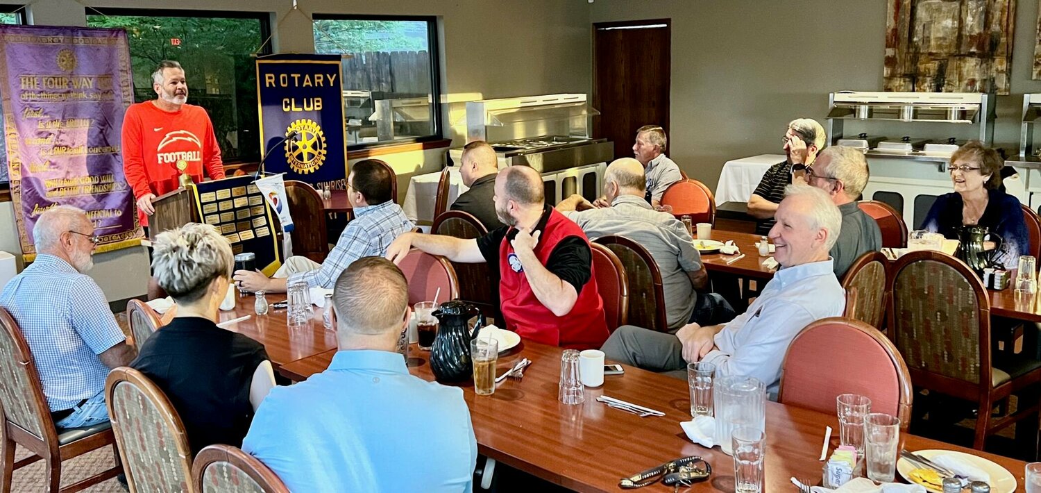 Coach Joel Wyatt spoke to Sunrise Rotarians recently during a morning meeting at the West Plains Country Club, sharing updates on the current status of the West Plains Zizzers Football Team. The Sunrise Roatary Club meets at 7 a.m. Thursdays weekly.