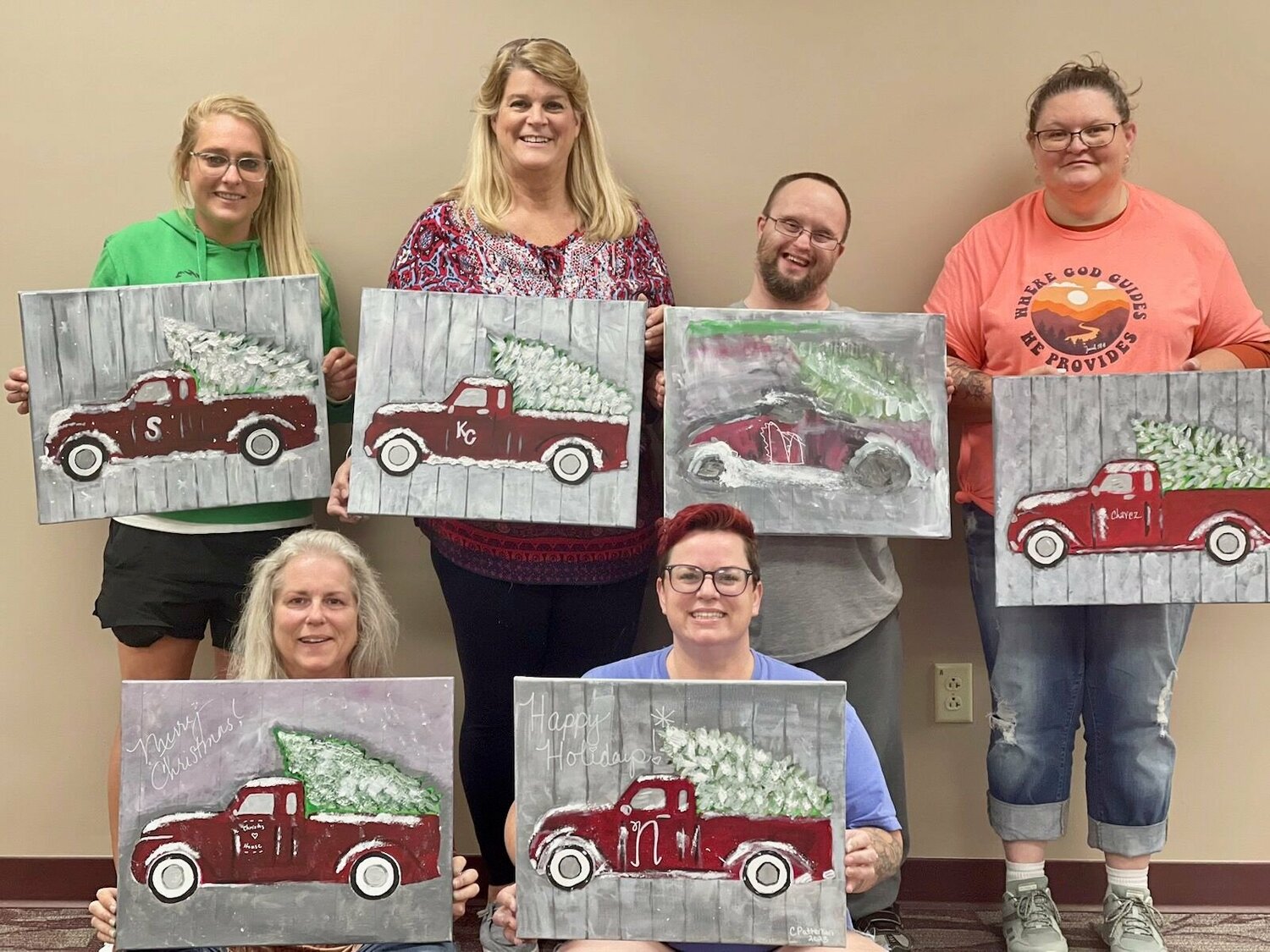 Trunk &amp; Tree Paint Party, a benefit for Christos House, was hosted by local artist Tara Shahan on the evening of Oct. 24 in the Magnolia Room at the West Plains Civic Center. Sixteen people participated in the event with Shahan leading them in painting a classic red pickup truck hauling a freshly-cut Christmas tree. "We had a very fun and positive response, and we will look at doing this again soon," said Christos House Interim Executive Director Kelli Neel. Sitting, from left: Neel and Christos House Outreach advocate Crystal Patterson. Standing: Samantha Oakes, Christos House Outreach advocate Kenya Cook, Clint Walker and Windy Chavez.